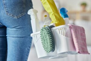 House, cleaning products and woman hands holding plastic container with cleaner tools. Home, cleani